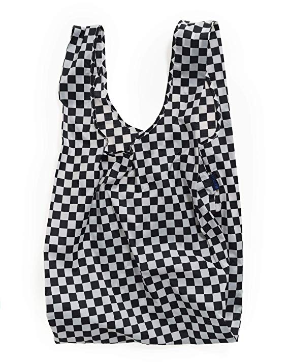 BAGGU Large Reusable Shopping Bag, Ripstop Nylon Grocery Tote or Lunch Bag, Black Checkerboard