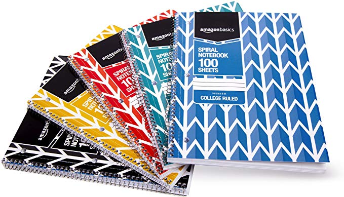 AmazonBasics College Ruled Wirebound Notebook, 100-Sheet, Assorted Lattice Pattern Colors, 5-Pack