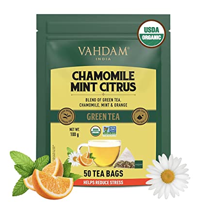 VAHDAM Organic Chamomile Tea Bags with Mint & Citrus - 50 Units| USDA Certified Green Tea for Weight Loss| for Stress Relief & Good Sleep | 100% Fresh and Organic Green Tea, 50 Pyramid Tea Bags