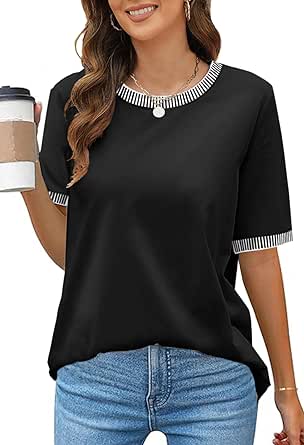 MEROKEETY Women's 2024 Short Sleeve Striped Color Block T Shirts Crewneck Loose Casual Tee Tops