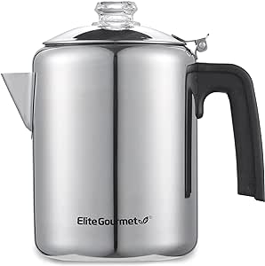 Elite Gourmet EC008X Classic 8-Cup Stovetop Coffee Percolator Glass Clear Brew Progress Knob, Cool-Touch Handle, Stainless Steel