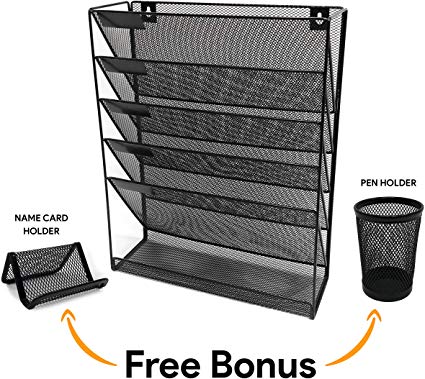 Wall File Organizer 5 Tier 6 compartments Black Metal Mesh Freestanding Wall Mount File Holder Hanging Rack Letter Size Document Organizers Books Magazine Office Home Name Card Holder Pen Holder