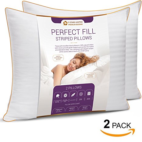 Premium Down-Like Bed Pillows for Sleeping – Queen Size, 20”x30”, 2-Pack - Hypoallergenic - Mid Loft - Soft Fiber Fill – Stripe Cotton Covers - Dust Mite Resistant Bedding