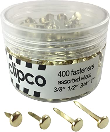 Clipco Paper Fasteners Jar Assorted Sizes Mini Small Medium and Large Brass-Plated (400-Pack)