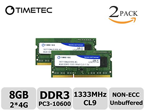 Timetec Hynix IC 8GB Kit (2x4GB) DDR3 1333MHz PC3-10600 Non ECC Unbuffered 1.5V CL9 1Rx8 Single Rank 204 Pin SODIMM Laptop Notebook Computer Memory Ram Module Upgrade(High Density 8GB Kit (2x4GB))