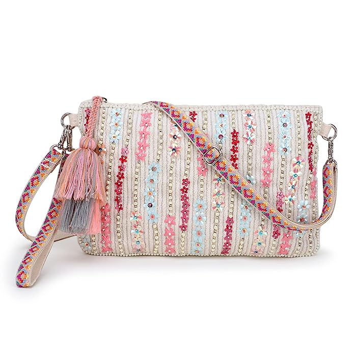 Anekaant Glid Striped Sequined Cotton Handloom & Leatherette Sling Bag