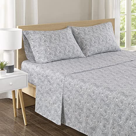 Comfort Spaces CS20-0554 100% Cotton Percale 4 Piece Set Ultra Soft Breathable Deep Pocket Printed Paisley Pattern Sheets with Pillow Cases Bedding, Full, Grey