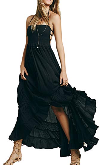 R.Vivimos Women Summer Cotton Sexy Blackless Long Dresses