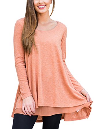 Dokotoo Womens Long Sleeve Layered Loose Fit Tunics Tops T Shirt