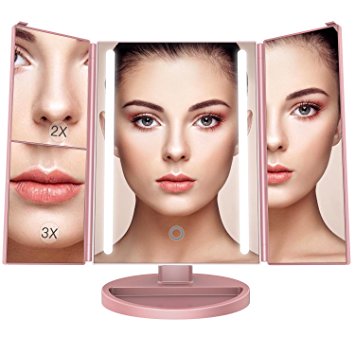 BESTOPE 24 Led Makeup Mirror Larger Vanity Mirror with 3x/2x Magnification,Trifold Lighted Mirror,Touch Screen, 180° Adjustable Rotation,Battery and USB Powered,Countertop Cosmetic Mirror