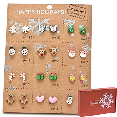 Christmas Earrings Set for Girls, Snowflake Snowman Deer Candy Cane Santa Claus Ginger Man Tree Heart Owl Huskie Dogs, Box Packing