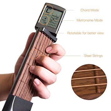 Hamkaw Upgraded Pocket Guitar Chord Trainer With Rotatable Screen,Low Noise 6 Frets Portable Guitar Beginner Practice Tool Built-In Metronome,Strings Tension Adjustable