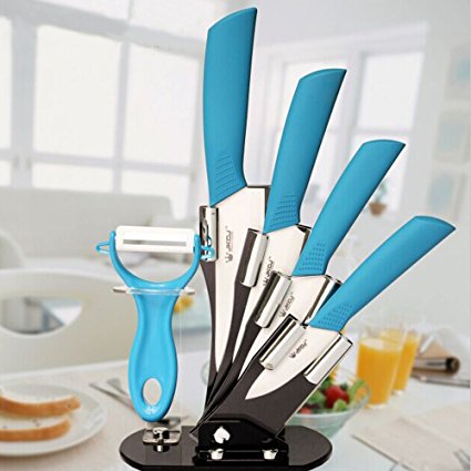 Amfocus 5-Pieces Ceramic Knives Set with Fruit Peeler and Block, Kichen Cutlery Tool