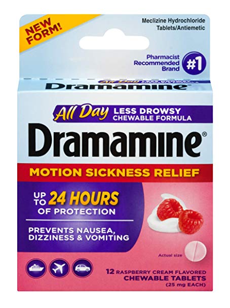 Dramamine All Day Less Drowsy Motion Sickness Relief, Chewable Tablets, 12 Count