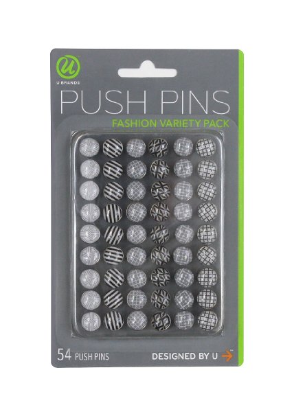 U Brands Fashion Steel Push Pins, Black White & Gray Assorted Colors, 54 Count (575U06-24)