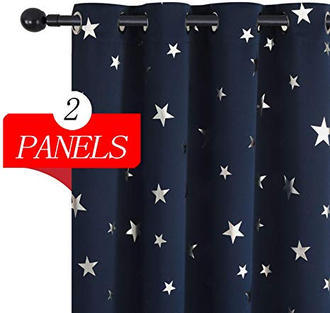 Utopia Decor Navy Blue Blackout Curtains Star Foil Print Drapes Solid Thermal Insulated Window Curtains for Kids Bedroom 52 X 63 Inch One Pair