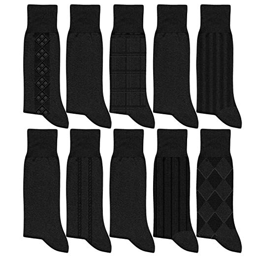 Feetalk Men's Socks Premium Cotton Rich Black Dress Socks for Business and Casual 10 Pack Big and Tall Socks