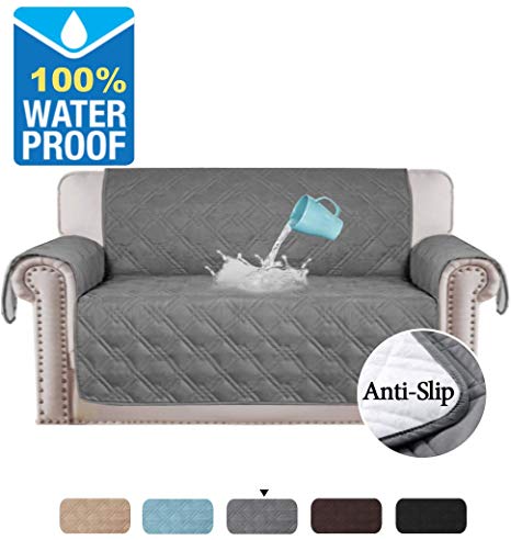 100% Waterproof Quilted Furniture Covers Prevent Stains Stay in Place Extra Big Size - Sitting Width Up to 54", (Oversized Love Seat - Gray)