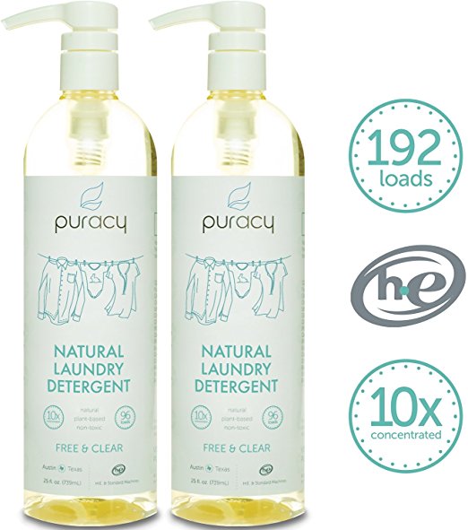 Puracy Natural 10x Liquid Laundry Detergent, Free and Clear, Sulfate Free Enzyme Laundry Soap, 192 loads, 24 Ounce Bottle, (Pack of 2)