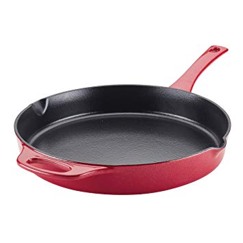 Rachael Ray 47871 Enameled Cast Iron Skillet/Fry Pan with Pour Spouts, 12 Inch, Red Shimmer