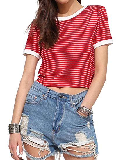 Women's Summer Casual Short Sleeves Crew Neck T Shirts Stripe Tees Crop Tops for Teen Girls