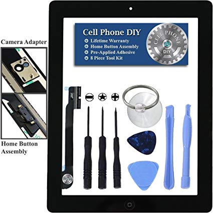 Black iPad 4 Digitizer Replacement Screen Front Touch Glass Assembly Replacement - Includes Home Button   Camera Holder   Pre-Installed Adhesive with Tools - Repair Kit by Cell Phone DIY