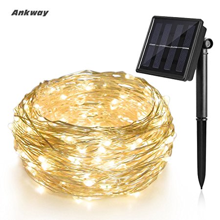 Ankway Solar Copper Lights 39 Feet 100leds Bendable Waterproof Bright LED Christmas Lights for Fence, Patio, Garden, Windows and Porch (Warm White)