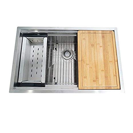 Boann URD3220 Zero Radius Single Basin Stainless Steel Under mount Kitchen Sink w/sliding Cutting board & Colander