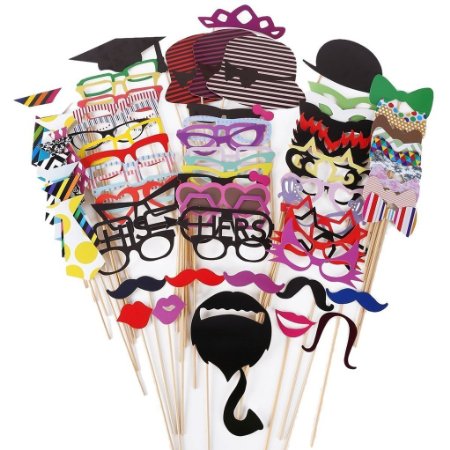 KIMILAR 76pcs Newest Photo Booth Props DIY Kit for Wedding Party Reunions Birthdays Photo booth Dress-up Accessories Costumes with Mustache on a stick Hats Glasses Mouth Bowler Bowties