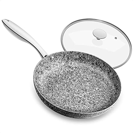 MICHELANGELO 11 Inch Frying Pan with Lid, Nonstick Stone Earth Frying Pan with Non toxic Stone-Derived Coating, Granite Frying Pan, Nonstick Frying Pans with Lid, Induction Compatible - 11 Inch