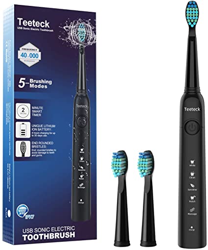 Electric Toothbrush, Sonic Rechargeable Eletronic Toothbrushes for Adults, Electronic Toothbrush with 2 Waterproof Replacement Brush Heads Power Clean as Dentist, Black