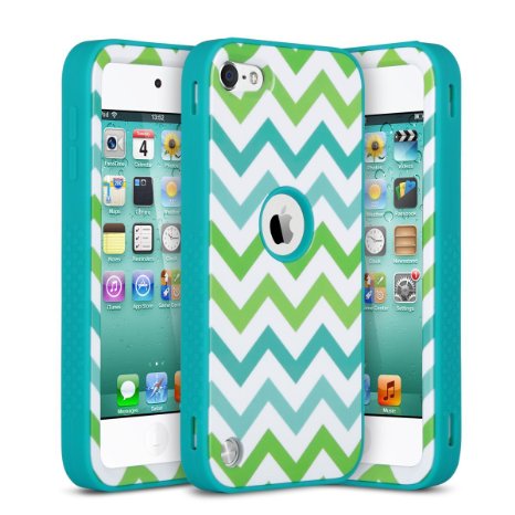 iPod Touch 6 Case ,iPod Touch 5 Case ,ULAK [Shock Absorbing Series] 3 Layer Hybrid Dust Scratch Resistance Anti-slip Hard Case with Silicone Soft Shell Inside Cover (Blue-green waves/Blue)