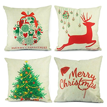 Homar Christmas Theme Decorations Cotton Linen Pillowcase Throw Pillow Case Cushion Cover with Hidden Zipper Perfect for Home Decorative (Set of 4)