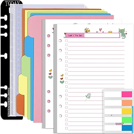 Rancco A5 Planner Inserts to Do List, 90 Pages Colorful 6-Ring Loose-leaf Planner Refills w/Binder Divider, Zipper Pouch, Ruler, Index Tab for Personal Journal, Filofax, Double-sided,Undated,5.5×8.3"