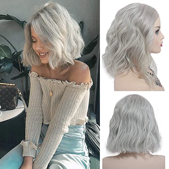 Grey Body Wave Lace Front Bob Wigs Short Human Hair Curly Wig Real Remy Hair Wavy Bob for Black/White Women Pre Plucked Bleached Knots Glueless Silky Straight 180% Density Thickness Bob 10 Inch