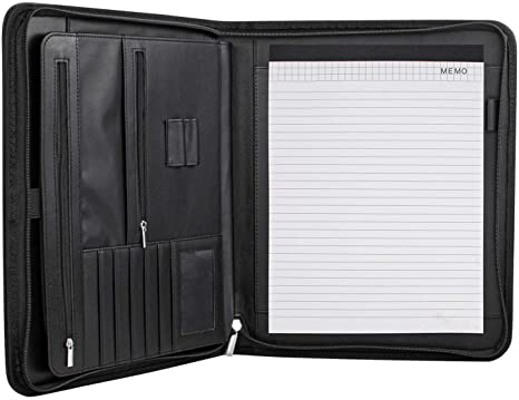 Fasmov Black Business Portfolio with Zipper, Padfolio with Legal Pad, Professional Business Portfolio for Men & Woman, Card Holder, Notepad Clipboard Holder