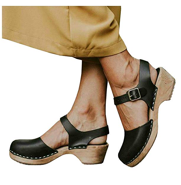 LAICIGO Women’s Wood Clog Heeled Sandals Chunky Closed Toe Ankle Strap Buckle Slingback Studded Booties
