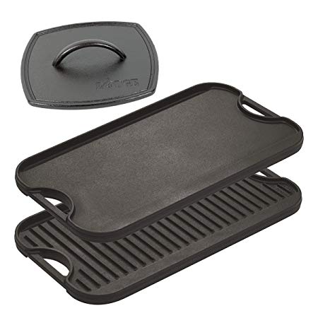 Lodge Pro-Grid Cast Iron Grill and Griddle Combo. Reversible 20" x 10.44" Grill/Griddle Pan with Flat Iron Grill Press