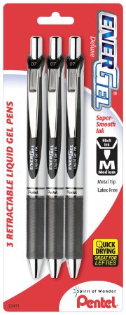 Pentel EnerGel Deluxe RTX Gel Ink Pens, 0.7 Millimeter Metal Tip, Black Ink, 3-Pack (BL77BP3A)