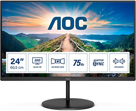 AOC Q24V4EA - 24 Inch QHD Monitor, 75Hz, 4ms, IPS, Adaptive Sync, Speakers, FlickerFree (2560x1440 @ 75Hz, 250cd/m², HDMI 1.4 x 1, DisplayPort 1.2 x 1 )