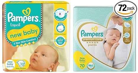 Pampers Active Baby Diapers, New Born, Extra Small, (NB, XS) size, 72 Count, Taped style diaper & Premium Care Pants, New Born, Extra Small size baby diapers (NB,XS), 70 count, Softest ever Pampers