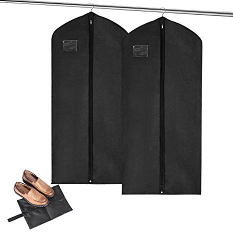 Garment Bags   Bonus Shoe Bag, MaidMAX Set of 2 Breathable Suit Dress Covers with Clear Plastic Label Holders & Full Length Zipper for Coats Jackets Wedding/ Party Dresses Travel, 54 Inch