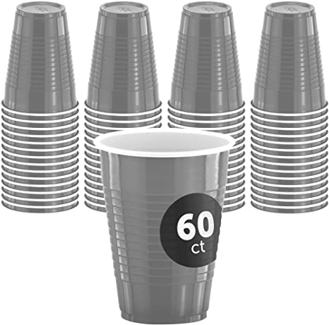 DecorRack 60 Party Cups 12 oz Disposable Plastic Cups for Birthday Party Bachelorette Camping Indoor Outdoor Events Beverage Drinking Cups (Grey, 60)