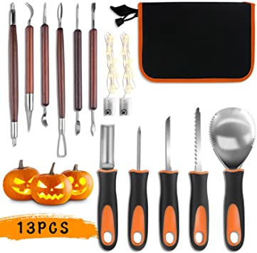 Samyoung Halloween Pumpkin Carving Kit Tools, 13 Piece Heavy Duty Stainless Steel Pumpkin Carving Set with Light Strips , Pumpkin Cutting Supplies Tools Kit with Carrying Case