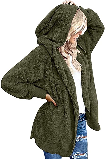 Womens Fuzzy Jacket Sherpa Coat Open Front Hooded Cardigan Outwear with Pockets