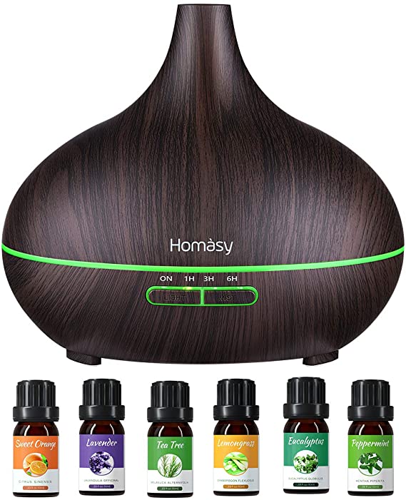 Homasy 500ml Aromatherapy Oil Diffuser with 6Pcs*10ml Pure Essential Oil Gift Set, Large Capacity Essential Oil Diffuser with 4 Timer Setting, 14 Colour Lights, Auto Shut-Off-Brown Wood Grain