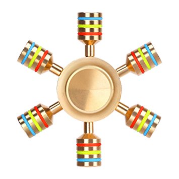 Aukwing Six Winged Brass Hand Fidget Spinner Rainbow EDC Focus Toy Stress Reducer with High Speed Stainless Steel R188 Detachable Bearings Spins for ADD, ADHD, Anxiety and Autism People