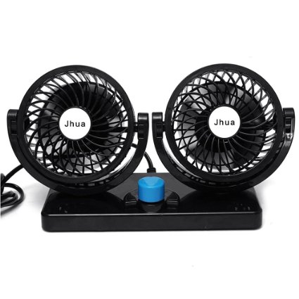 Jhua 360 Rotating Free adjustment Dual Head Car Auto Cooling Air Fan Powerful Quiet 2 Speed Rotatable 12V Ventilation Dashboard Electric Car Fans Summer Cooling Air Circulator