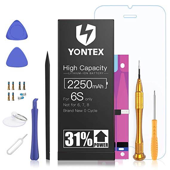 2250mAh Battery Compatible with iPhone 6S 0 Cycle - YONTEX High Capacity Li-ion Replacement Battery with a Complete Repair Tool Kit and 1 Screen Protector - 24-Month Warranty