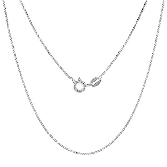 Sterling Silver Box Chain Necklace 0.8mm Very Thin Nickel Free Italy, Sizes 7 - 30 inch